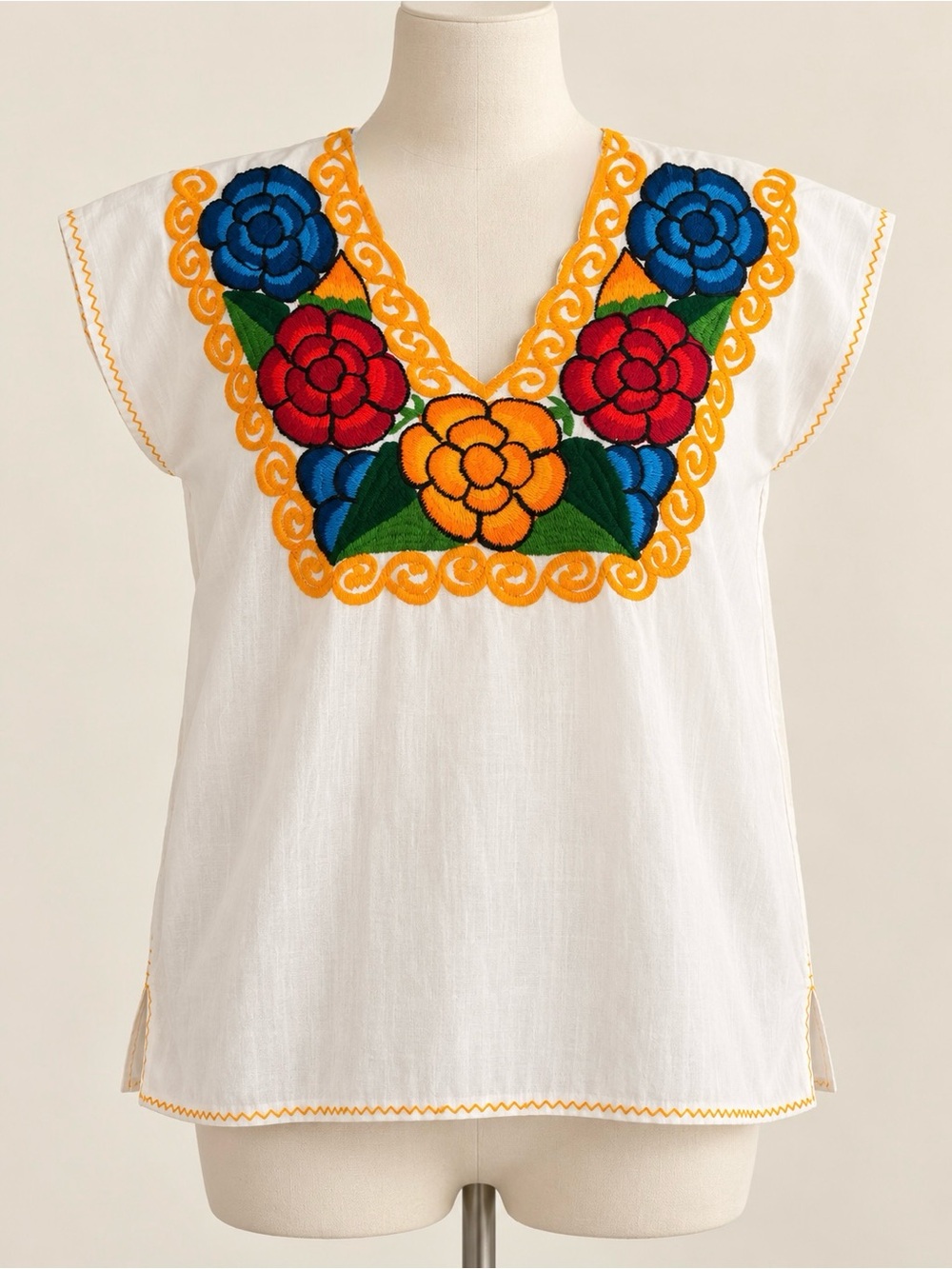 Mexican Floral Embroidered Cotton Peasant Blouse White Boho Top S